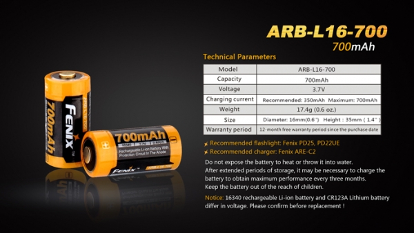 Fenix ARB-L16-700 geschützter Li-Ionen Akku 16340 RC123A