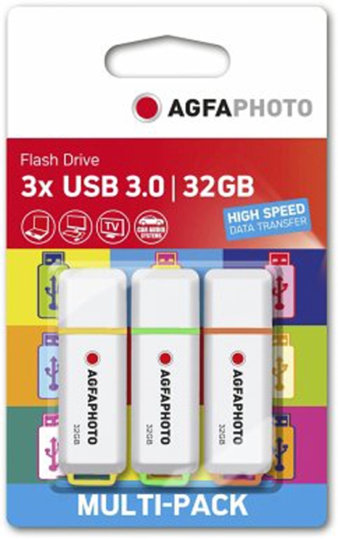 AgfaPhoto USB-Stick 32GB, 3er Pack Color Mix, USB 3.0 Type-A (15/55 MBs)