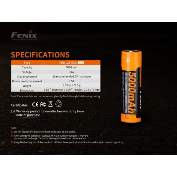 Fenix ARB-L21-5000 V2.0 LiIon Akku 21700