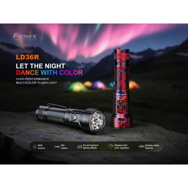 Fenix LD36R LED Taschenlampe mit weiß, rot, orange, pink, blau, lila und grünem Licht Flame Camo