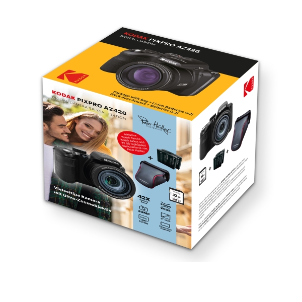 Kodak AZ426 Kit Special Edition schwarz, Kamera + Tasche + 2. Akku + 32GB SD Karte