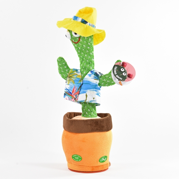 Laber-Kaktus mit Licht, Musik, Laberfunktion, Hawaiihemd und Hut 37cm